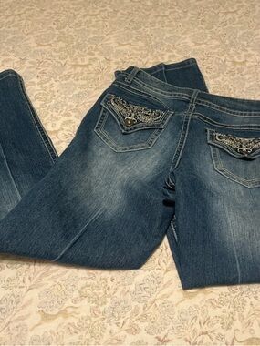 Faded Glory Dark Blue bedazzled boot cut Jeans with Embroidered Back Pockets